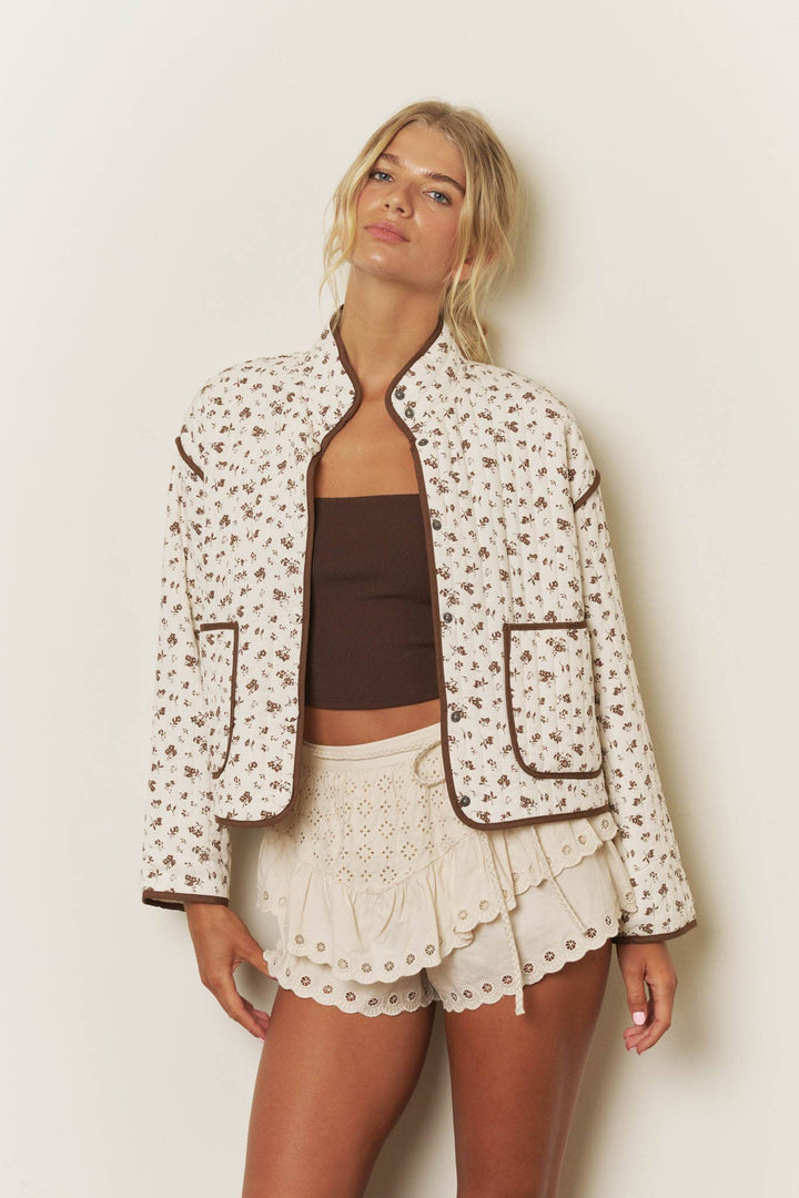 Blu Pepper - Cream Floral Cropped Quilted Jacket 3