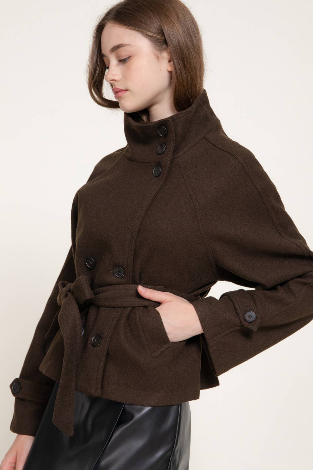Active Basic - High Neck Double Breasted Button Belted Felt Jacket in Brown 2