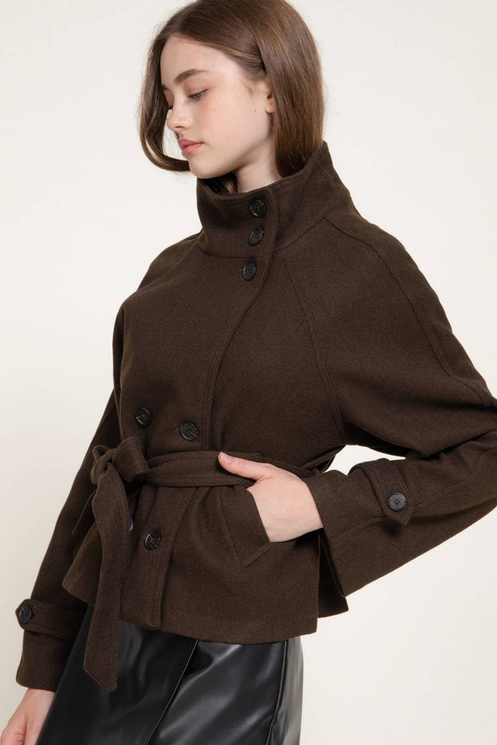 Active Basic - High Neck Double Breasted Button Belted Felt Jacket in Brown 2