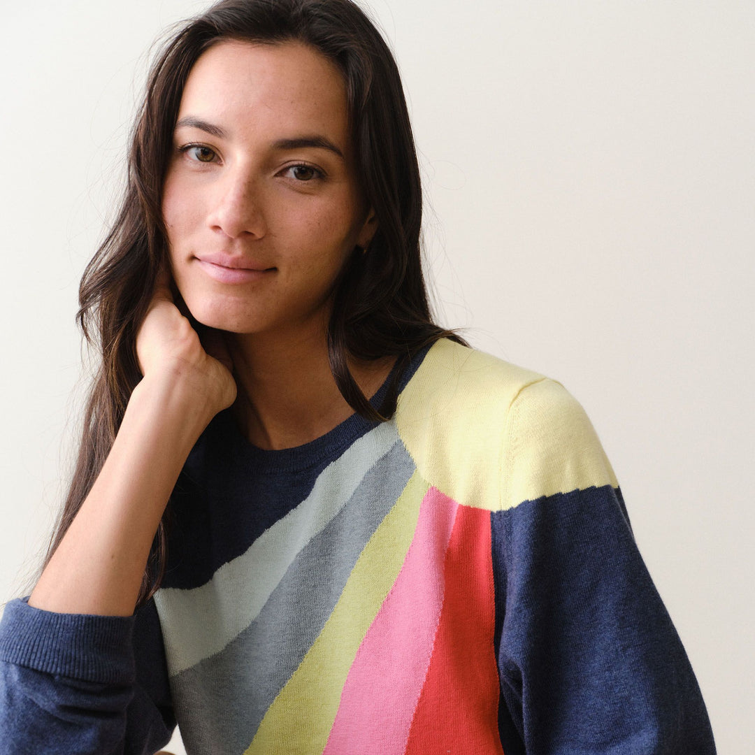 Striped Marine Layer sweater in Sunbeam detail view cotton knit texture