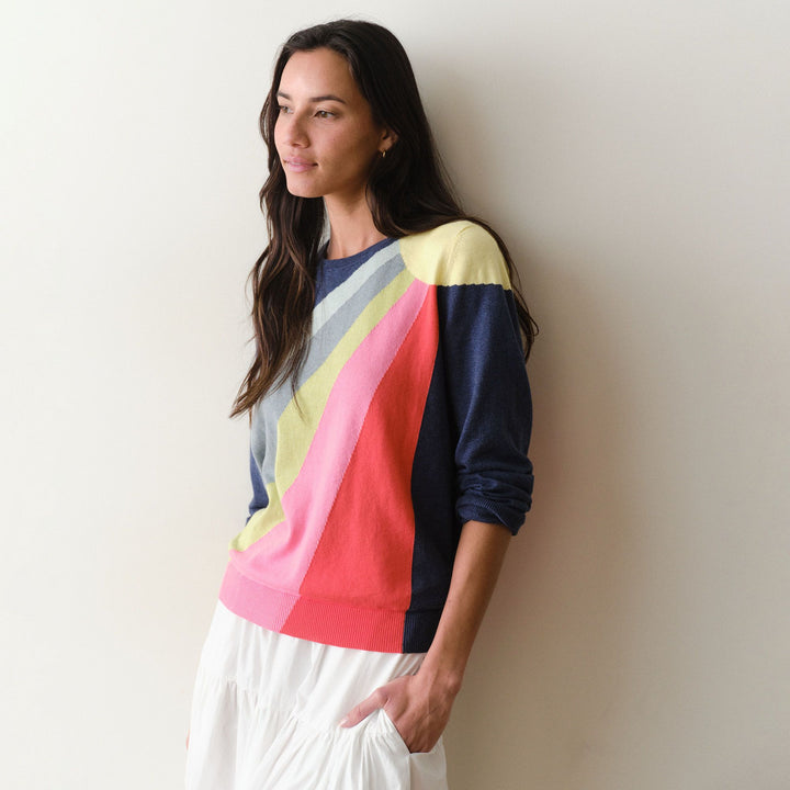Marine Layer womens striped sweater Sunbeam side view relaxed fit
