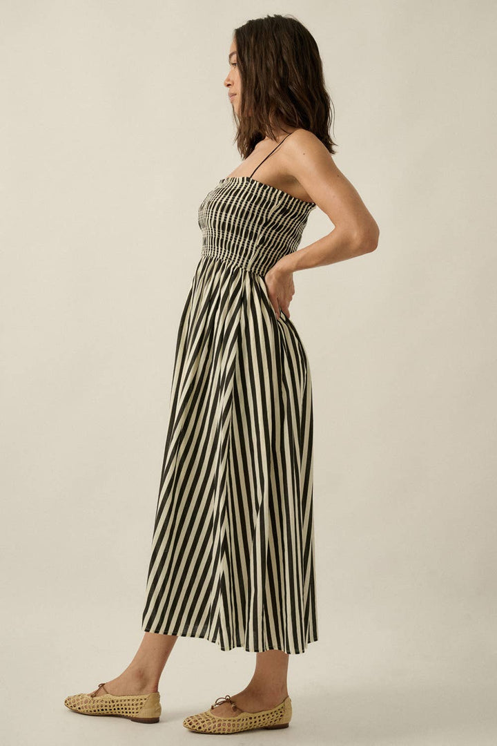 Promesa USA - Striped Cotton-Blend Smocked Pocket Midi Dress Black side