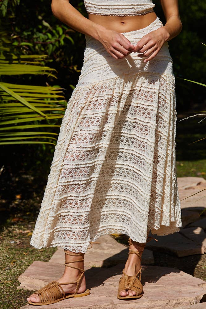 By Together - Knit Nylon Spandex Lace Maxi Skirt in Cream