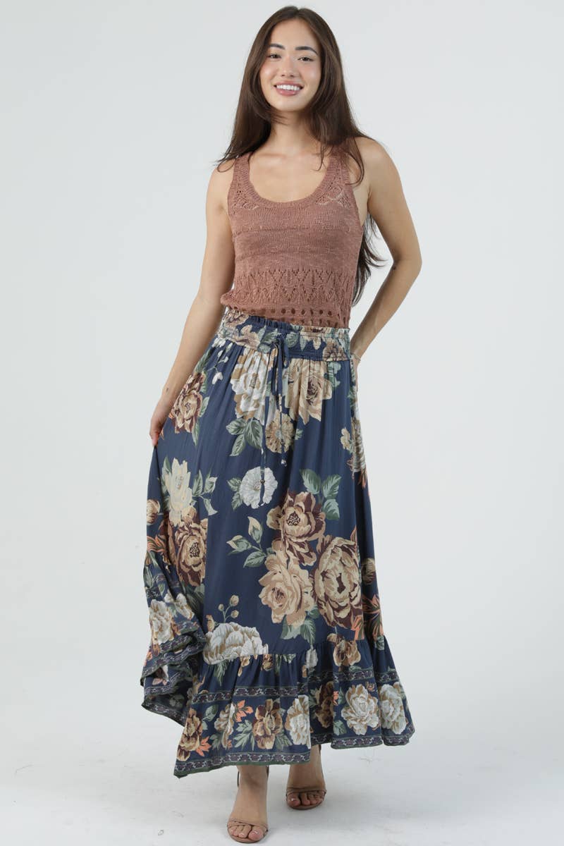 Angie Smocked Waist Ruffle Hem Maxi Skirt in Indigo