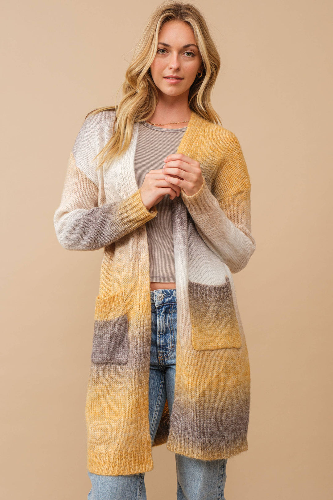Ombre Brushed Yarn Knit Open Cardigan mustard4