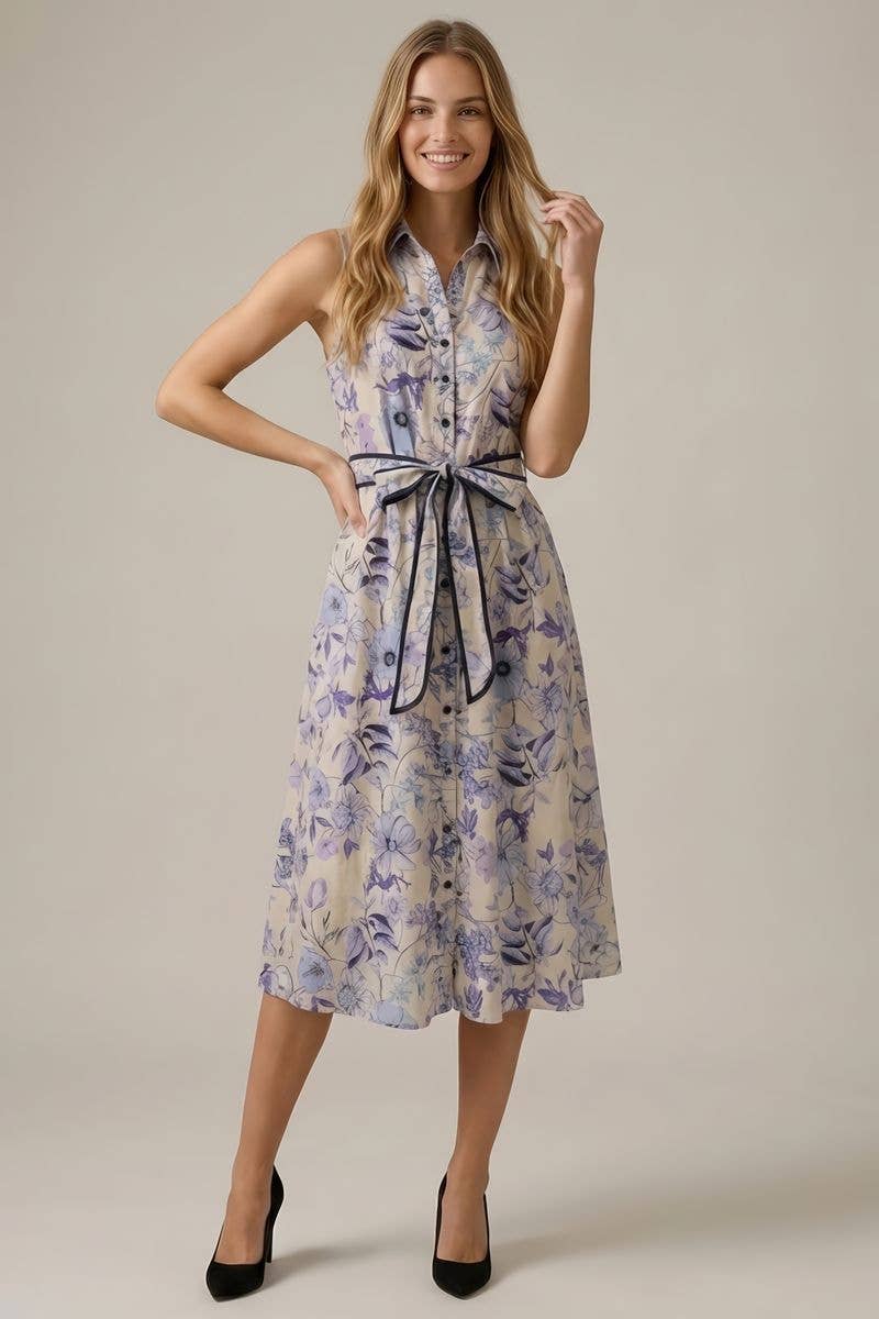 Doe and Rae - Floral Printed Sleeveless Midi Shirt Dress Periwinkle Multi