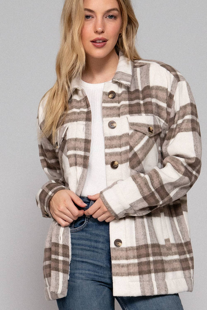 Inside Faux Fur Brushed Plaid Jacket Taupe/Brown 