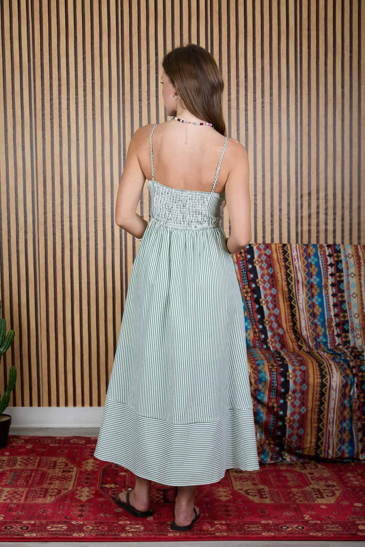 Blu Pepper - Stripe Spaghetti Strap Basque Waist Midi Dress in Green back