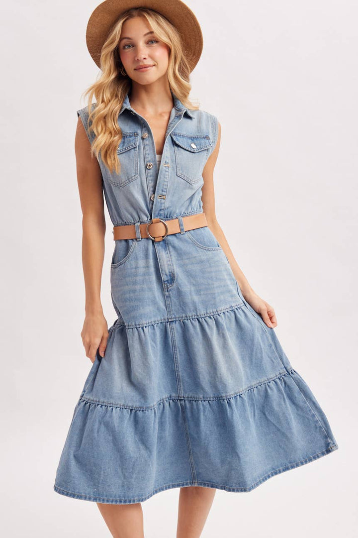 Bluivy Denim Sleeveless Shirt Tiered Midi Dress in light wash 1