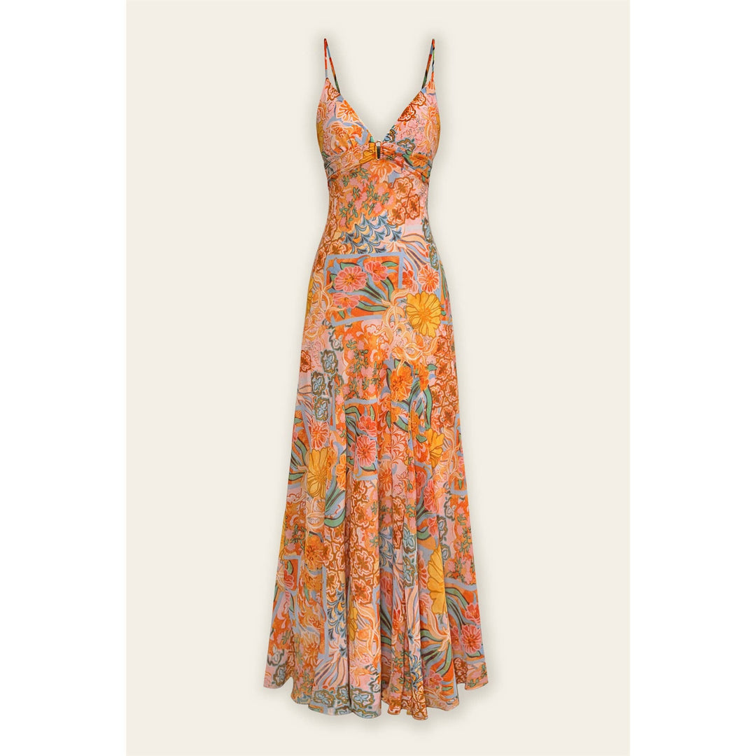 Dress Forum Sevenfold Frilly Hem Maxi Dress in Summer Garden - paisley print chiffon with frilly hem and plunging neckline