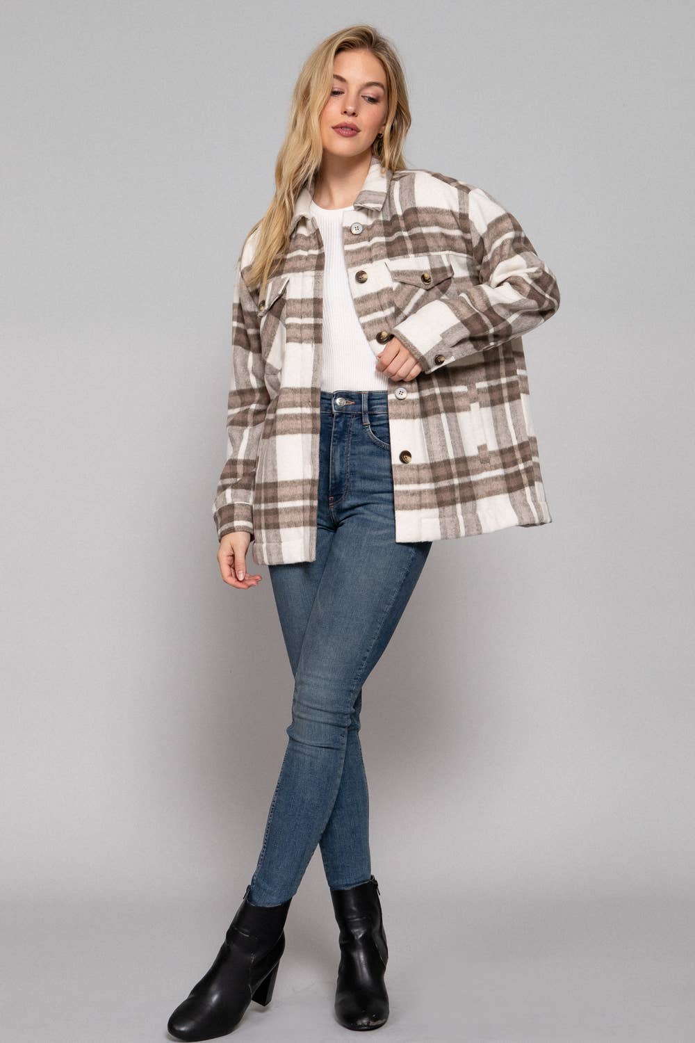 Inside Faux Fur Brushed Plaid Jacket Taupe/Brown 5