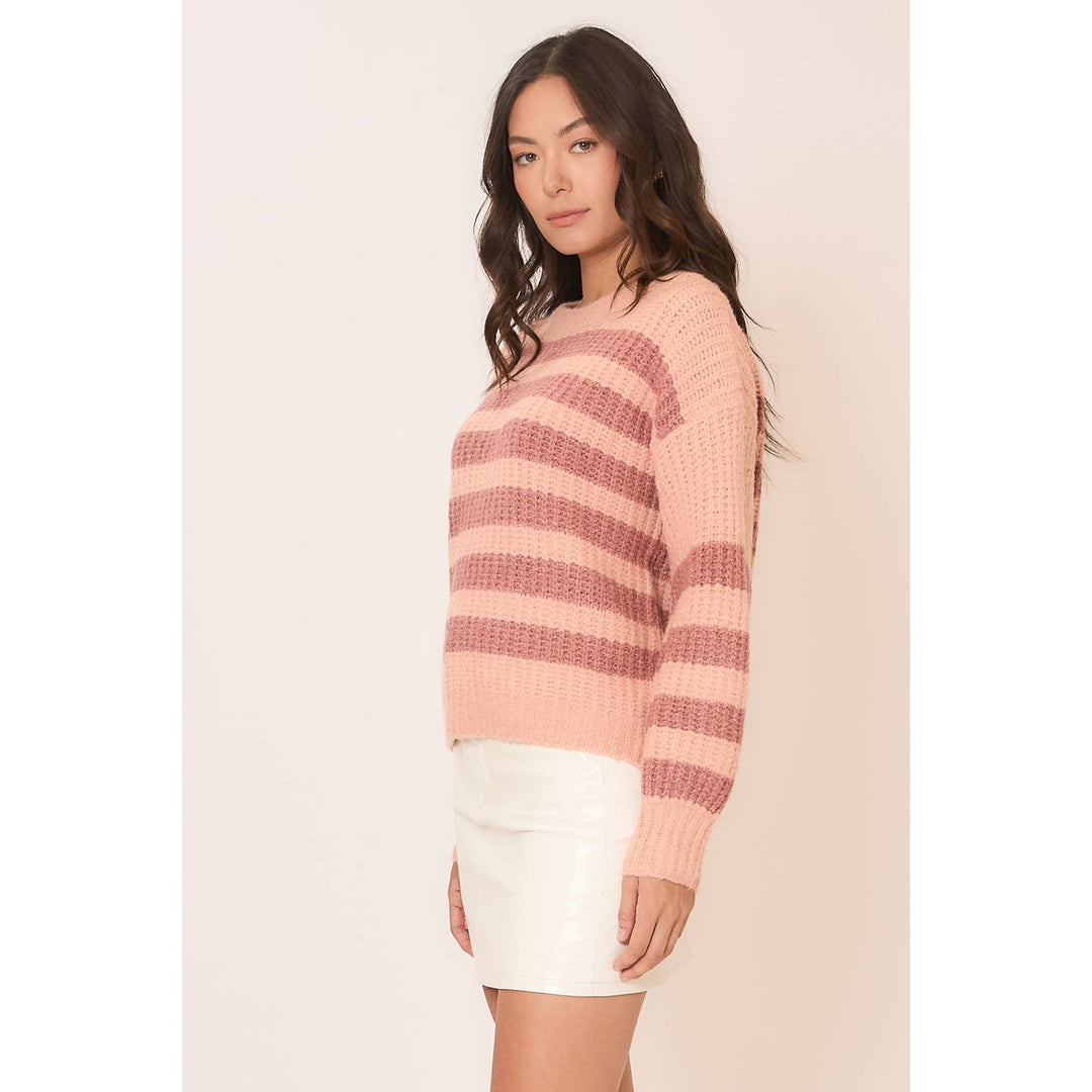 Striped Brushed Knit Crew Neck Sweater Blush 3