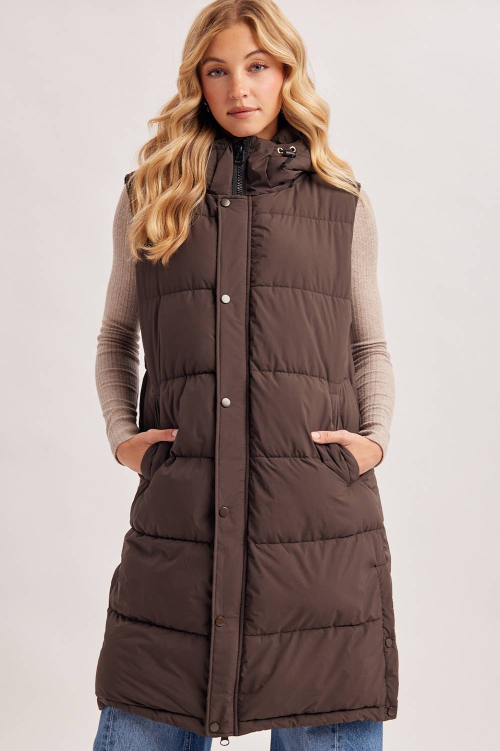 Bluivy Detachable Hood Longline Quilted Puffer Vest in Ash Brown 5