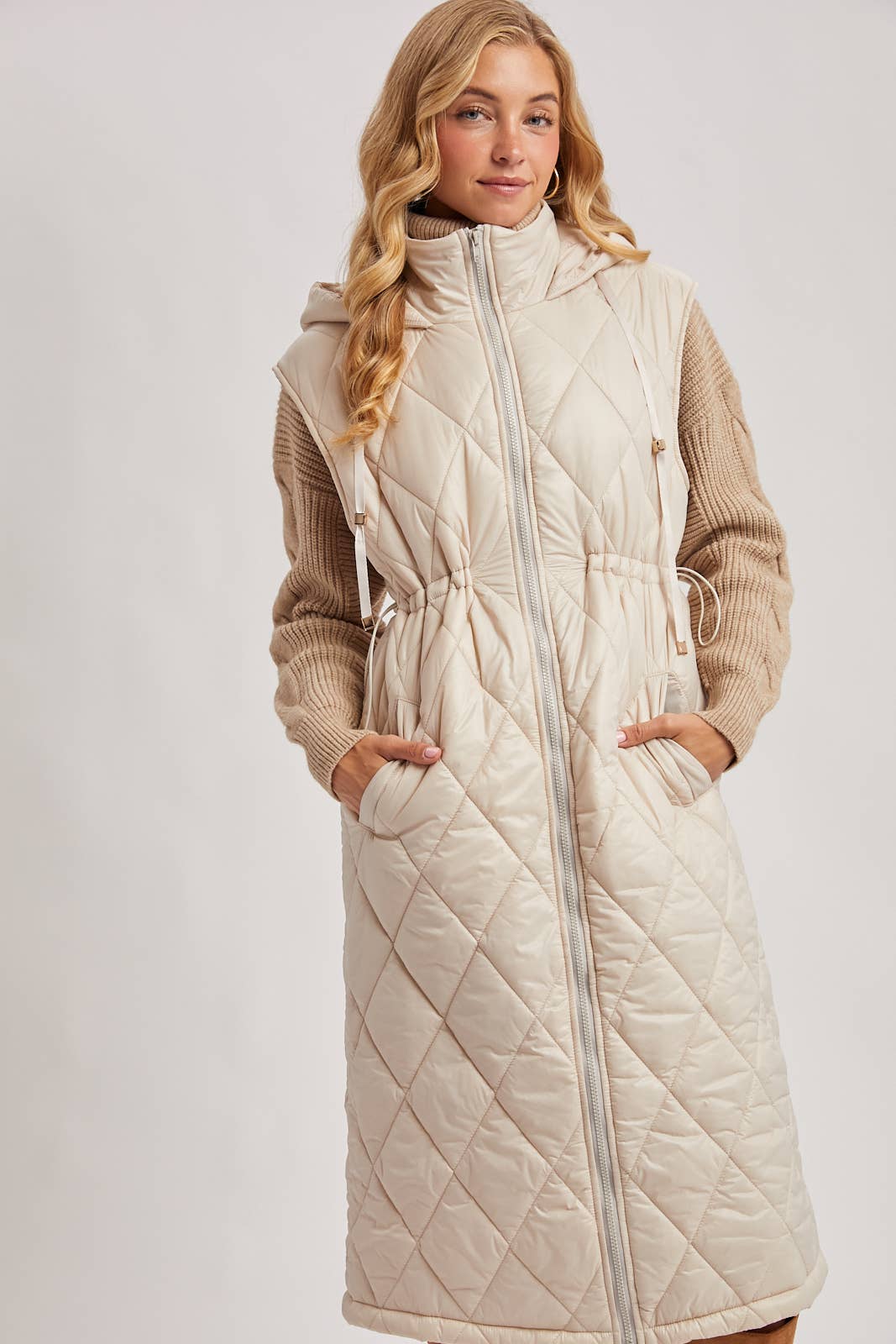 Diamond Quilt Puffer Hooded Vest beige 5