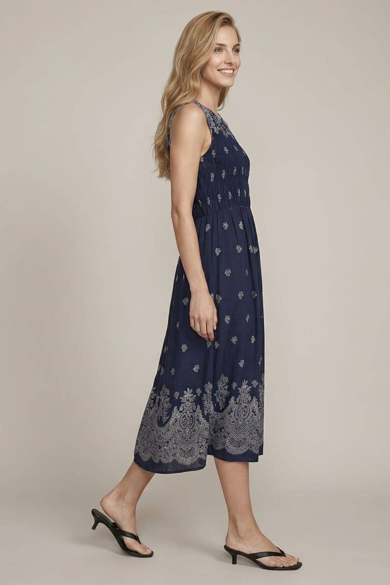Doe and Rae Linen Blend Smocking Midi Dress in Navy side