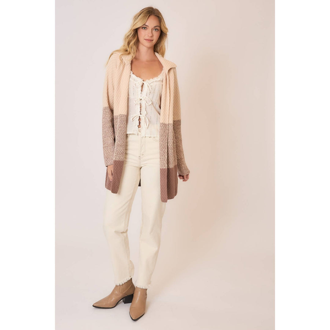 Waffle Knit Color Block Wide Collar Cardigan
