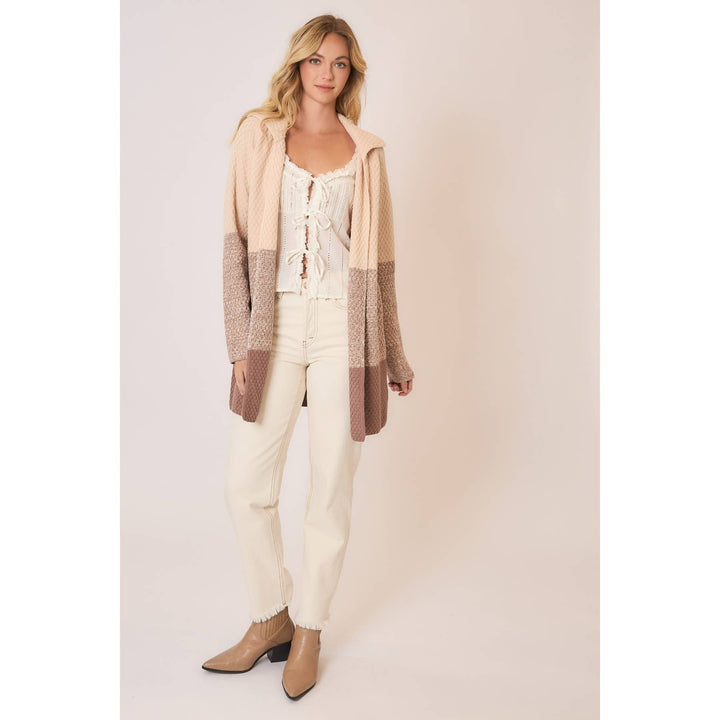 Waffle Knit Color Block Wide Collar Cardigan