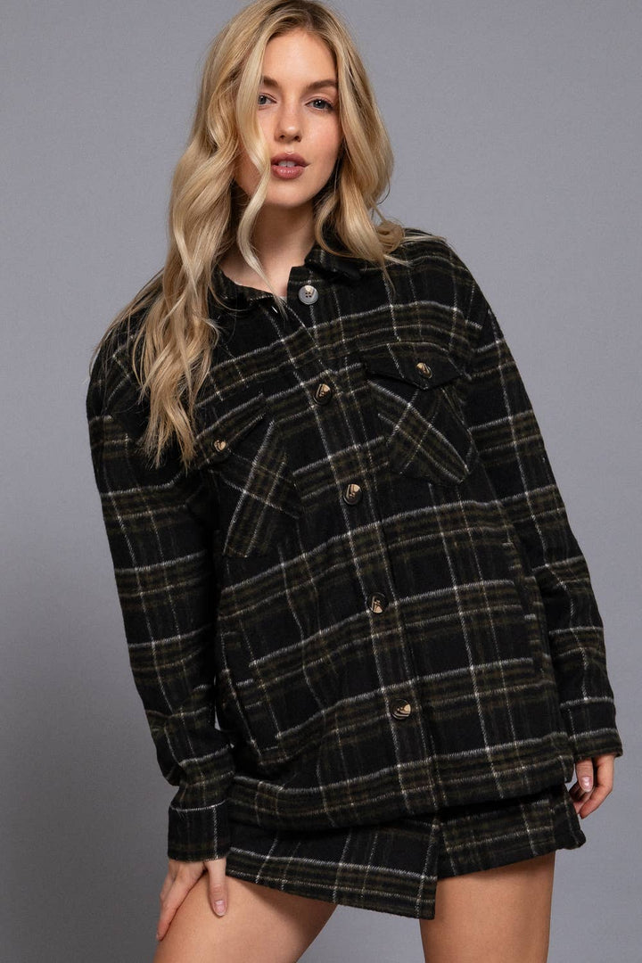 Inside Faux Fur Brushed Plaid Jacket Black/Olive 13