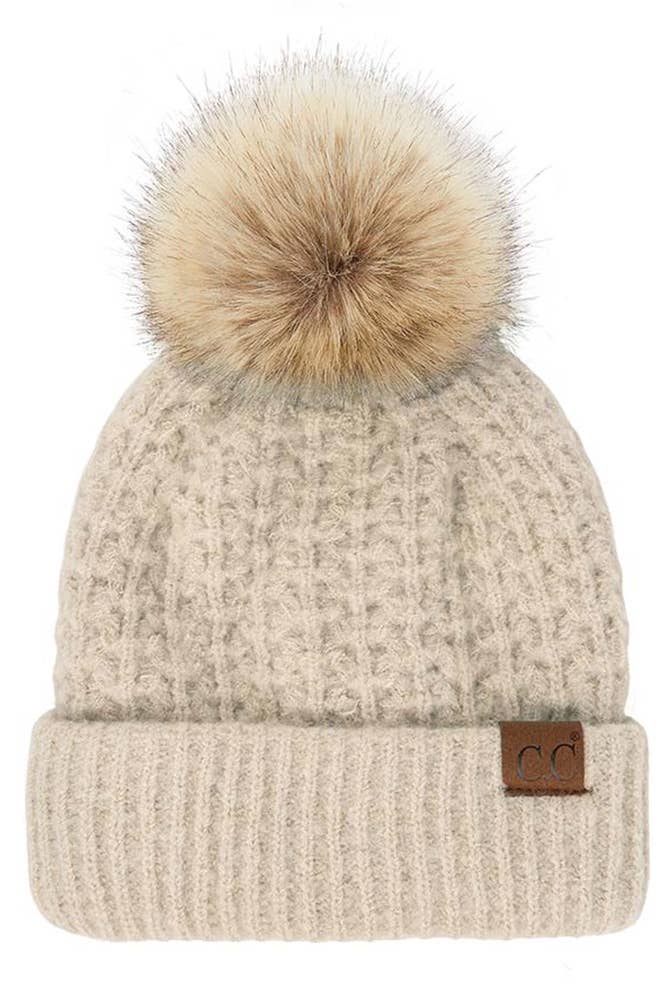 Hana - C.C. Smocking-Stitch Cuffed Pom Beanie on beige