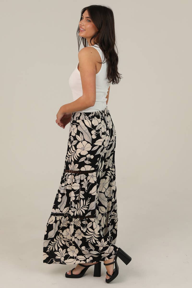 Angie Printed Wide Leg Pants with Lace Inserts in Black 3