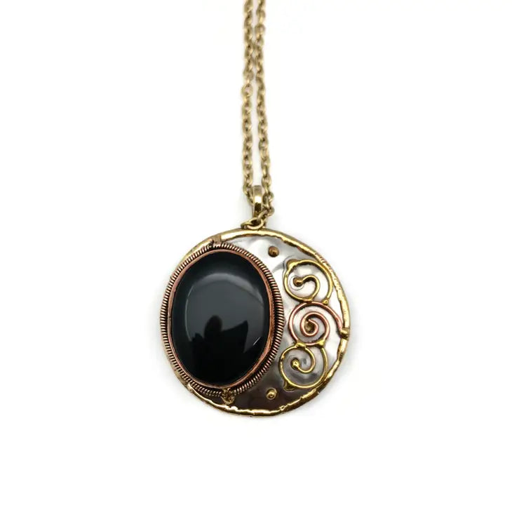 Mixed Metal and Black Onyx Stone Pendant with Chain