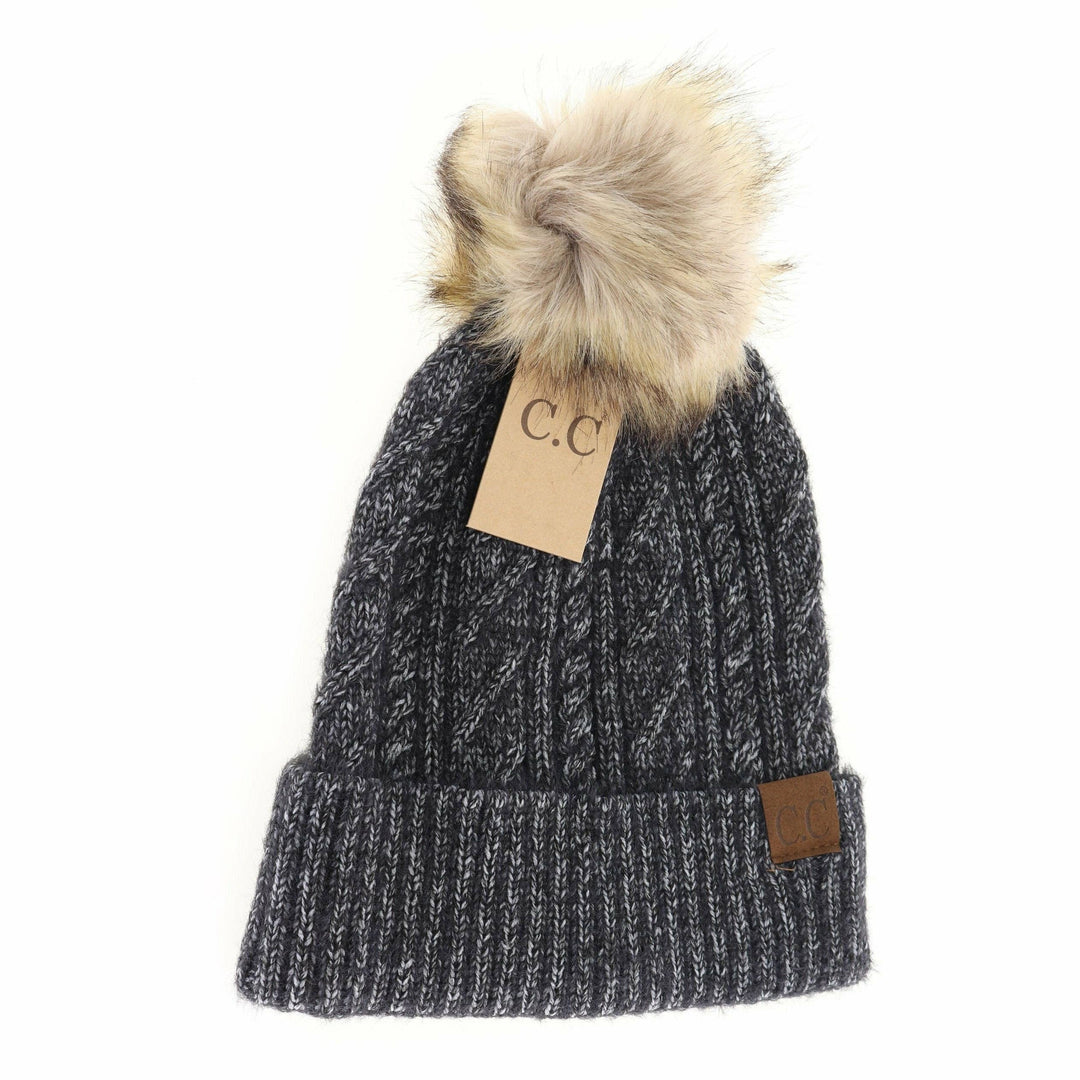 Soft Cuff Cable Knit Fur Pom C.C Beanie Black