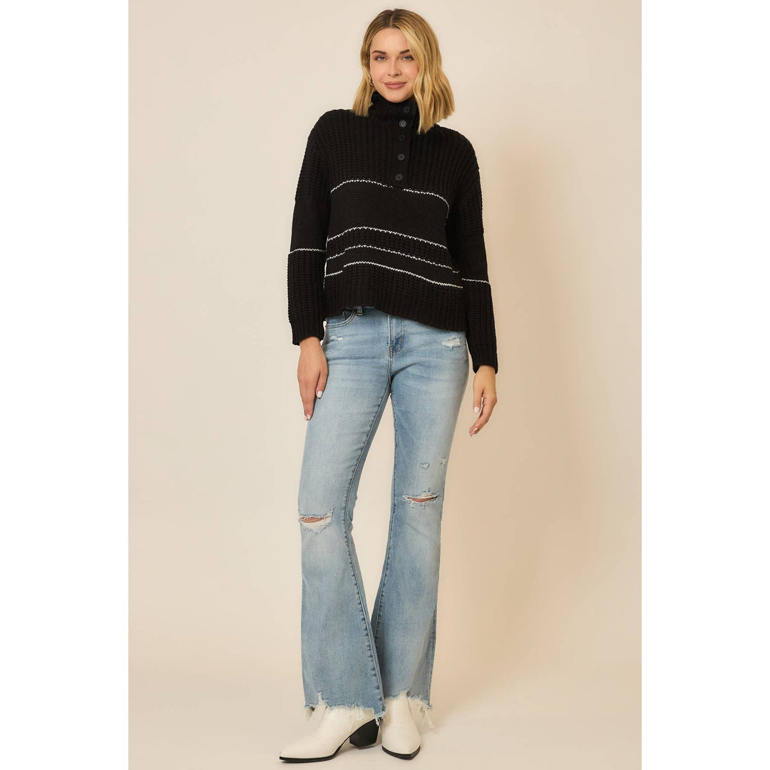 Button Up Knit Sweater with Contrast Stripes in Black 2