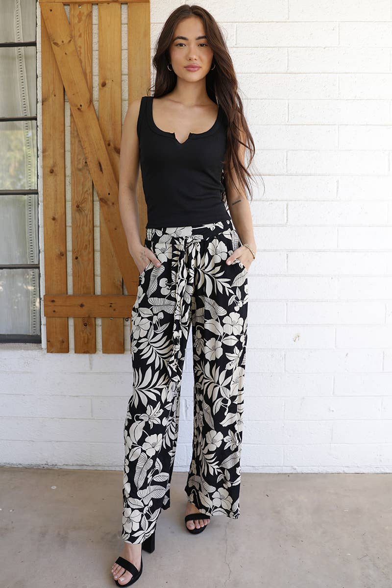 Angie Printed Wide Leg Pants with Tie Waist in Black