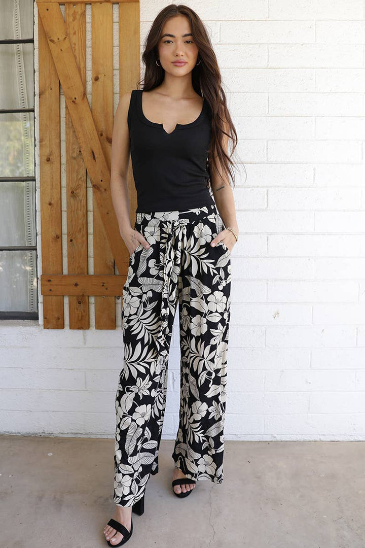 Angie Printed Wide Leg Pants with Tie Waist in Black