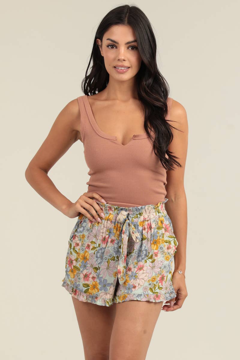 Angie Floral Print Ruffle Hem Tie Waist Shorts in Bay 1