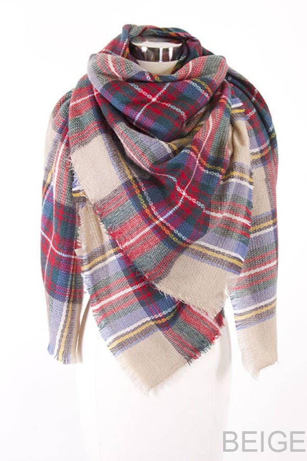 Oversize Plaid Check Pattern Winter Scarf Beige 1