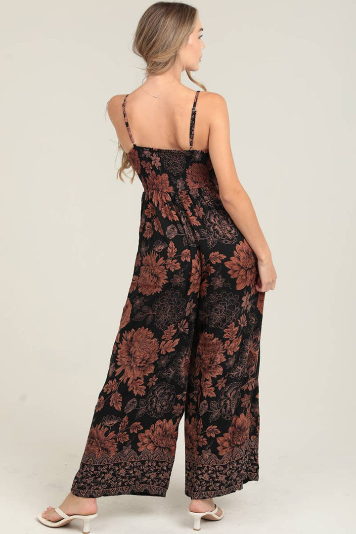Angie Tie Bust Wide Leg Jumpsuit with Pockets in Black back