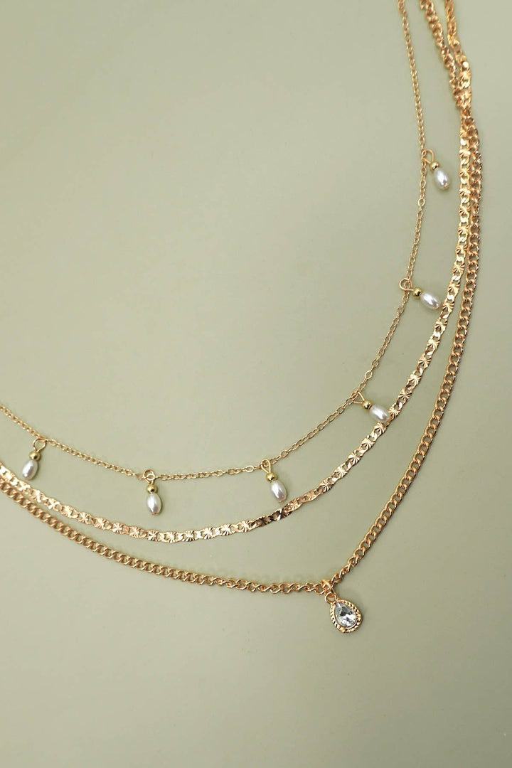 Multi-Layer Pearl &amp; Stone Chain Teardrop Charm Necklace – Gold Plated | JOSSLYN 1