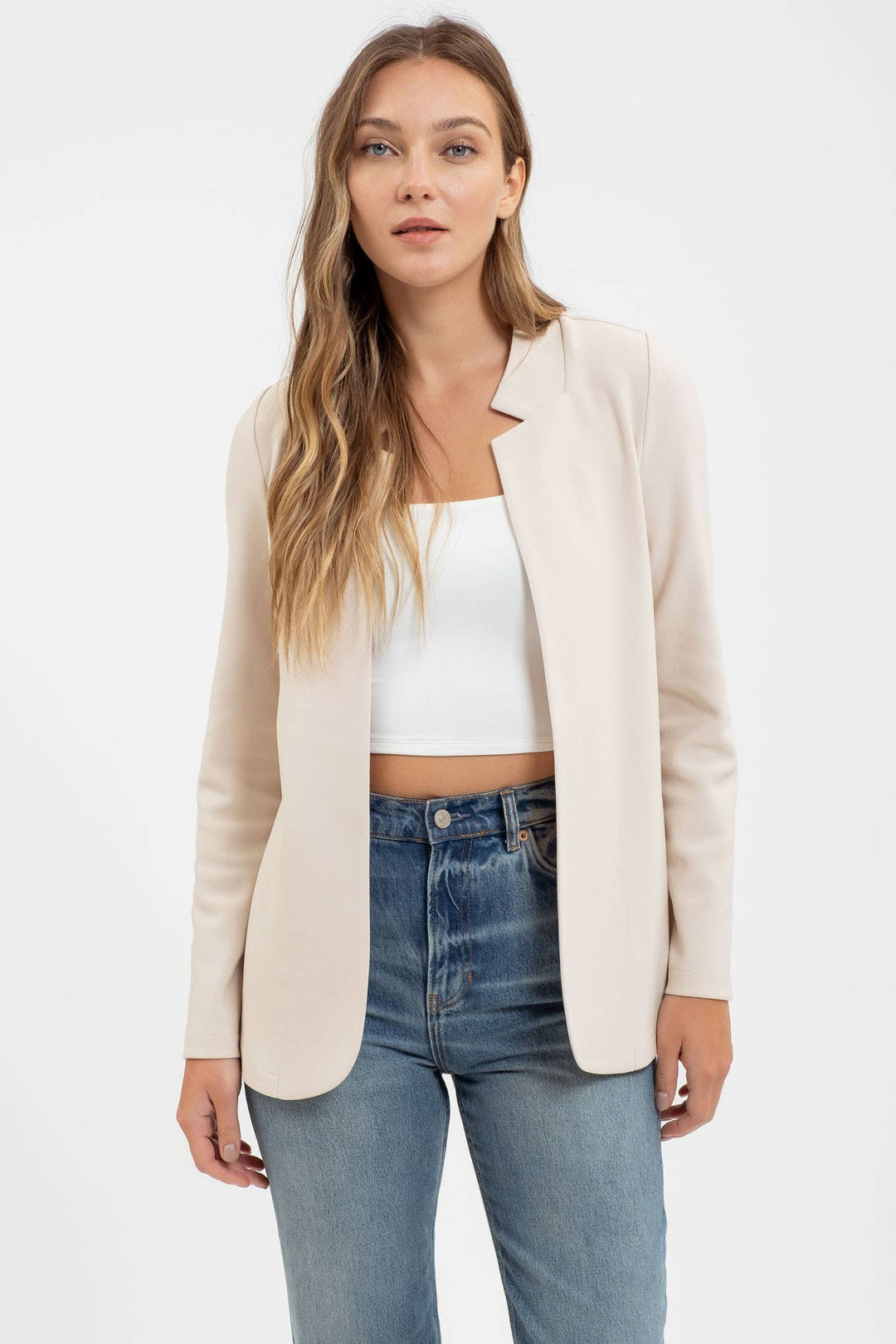 Long sleeve notch collar blazer relaxed fit oatmeal back view