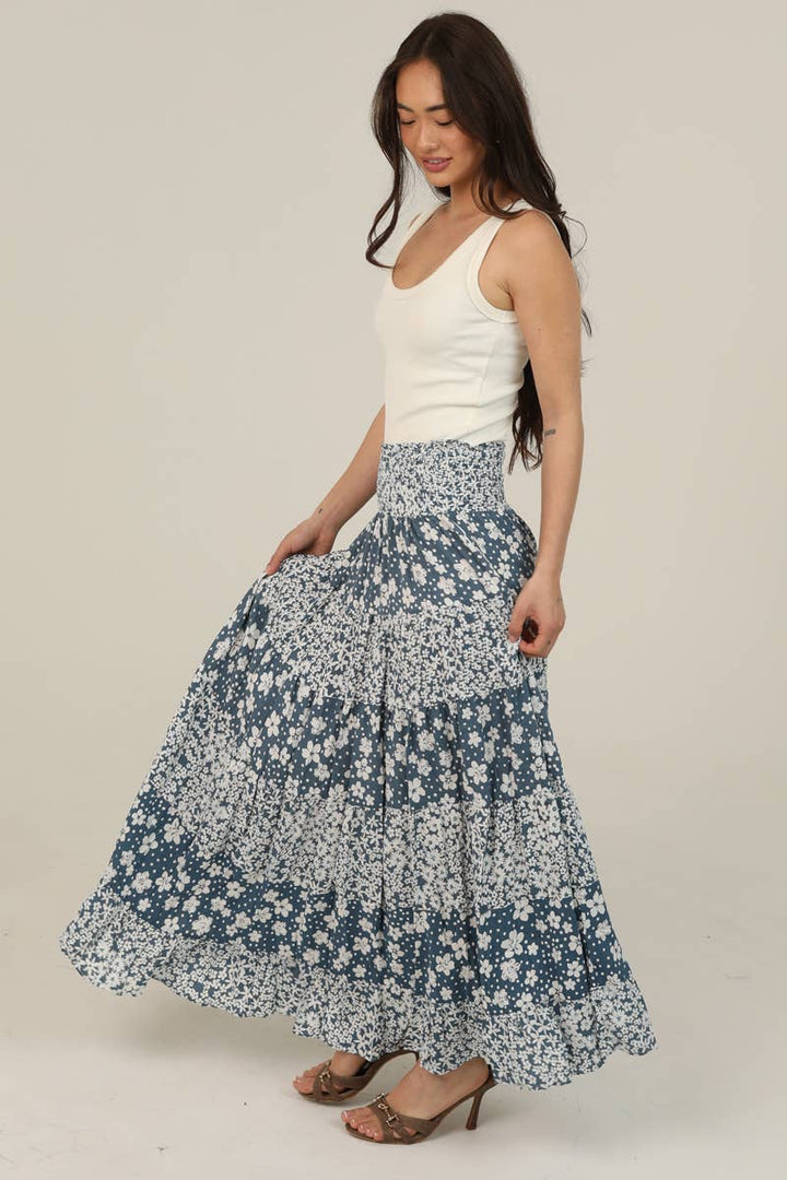 Angie Twin Print Tiered A-Line Maxi Skirt in Peacock 1