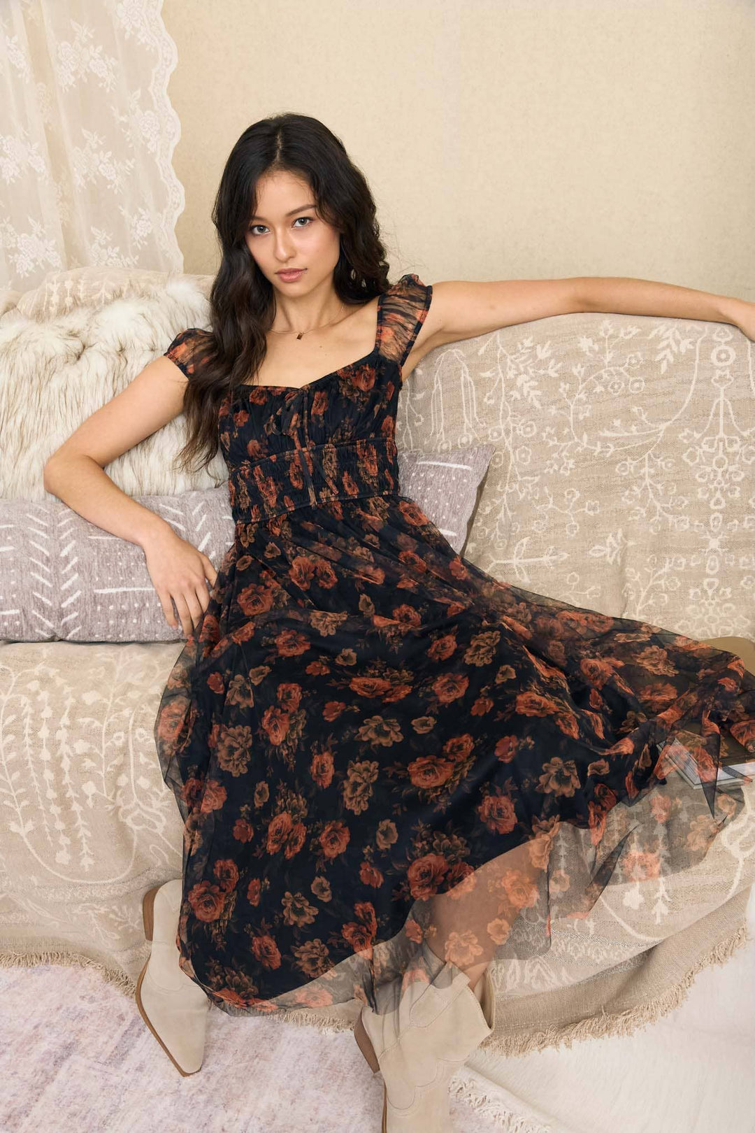 Blu Pepper - Black Multi Floral Organza Sweetheart Midi Dress 5