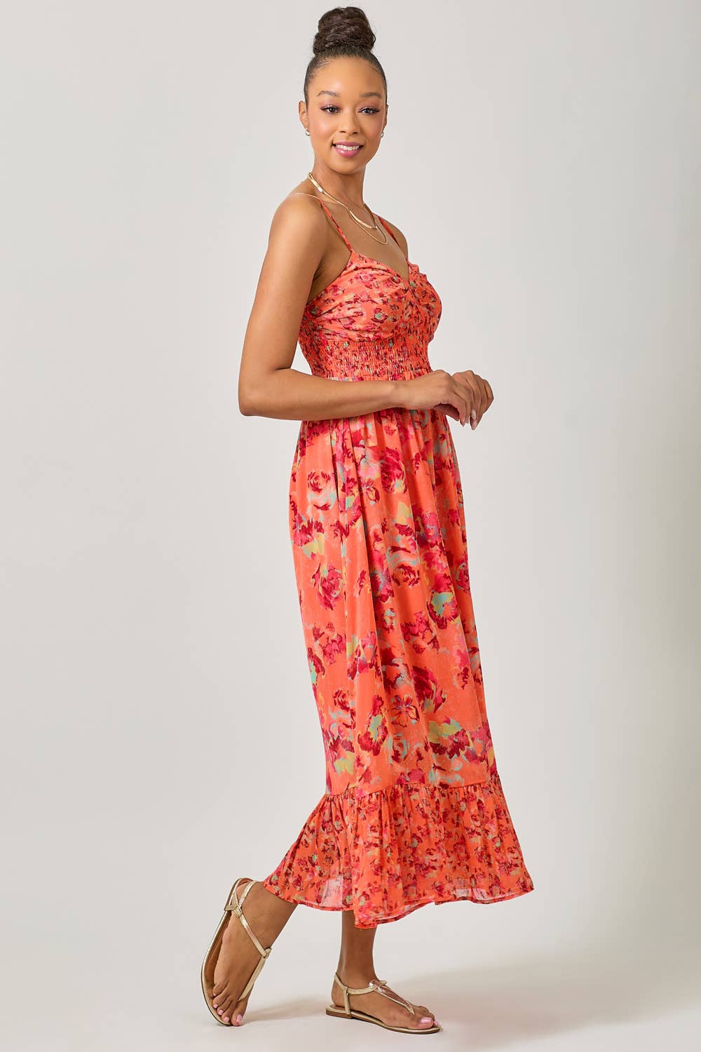Mystree - Twist Adorn Neckline Printed Maxi Dress in Tomato side