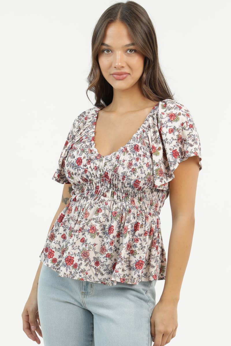 Angie V Neck Smocked Bust Short Sleeve Floral Print Top Ivory front
