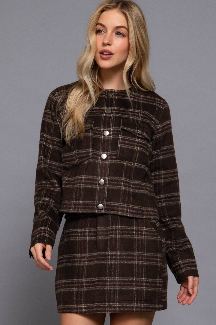 Round Neck Brushed Plaid Jacket Khaki Brown 1