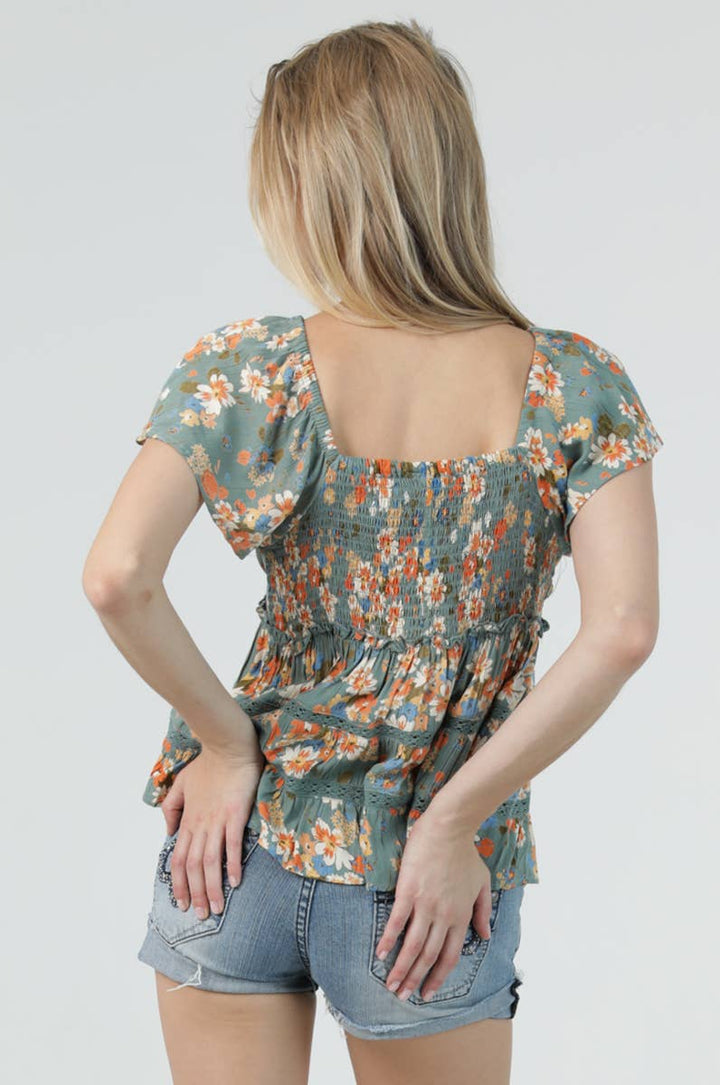 Angie Flutter Sleeve Top with Ruffle Detail and Crochet in Watercress 2
