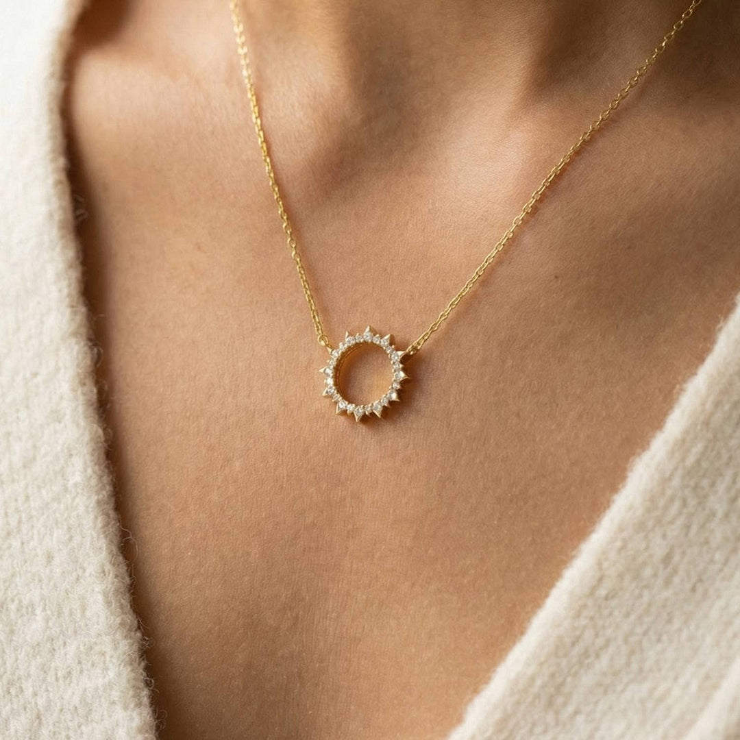 Pave Circle Sun Pendant Necklace