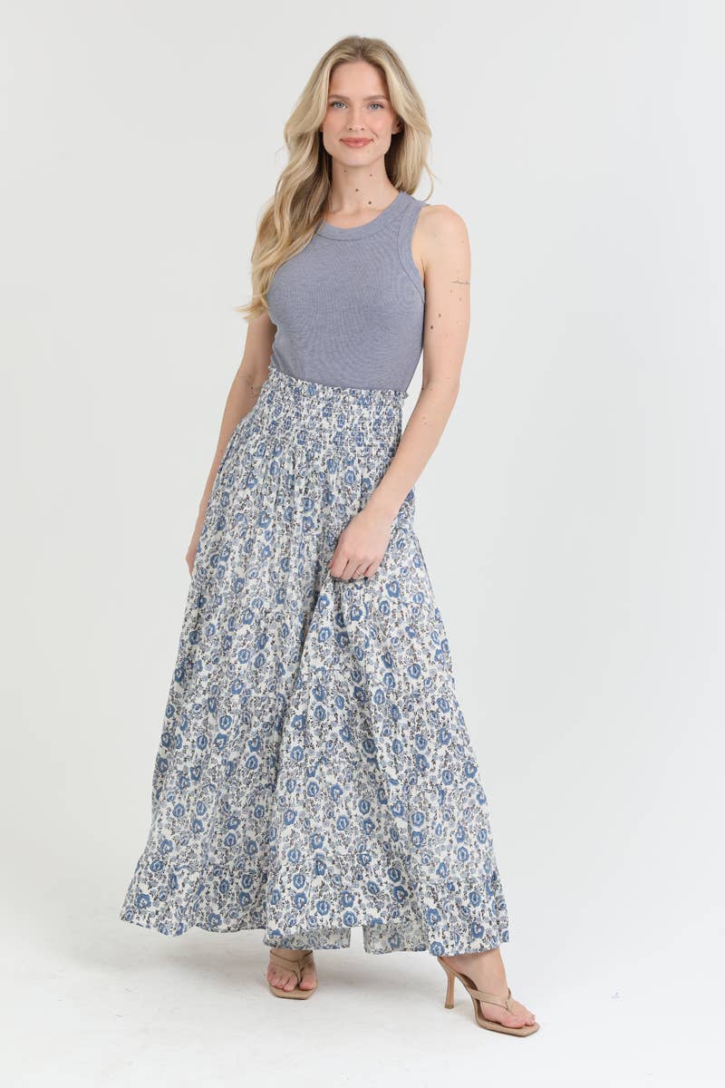 Angie Floral Tiered A-Line Maxi Skirt with Smocked Waist Blue 11