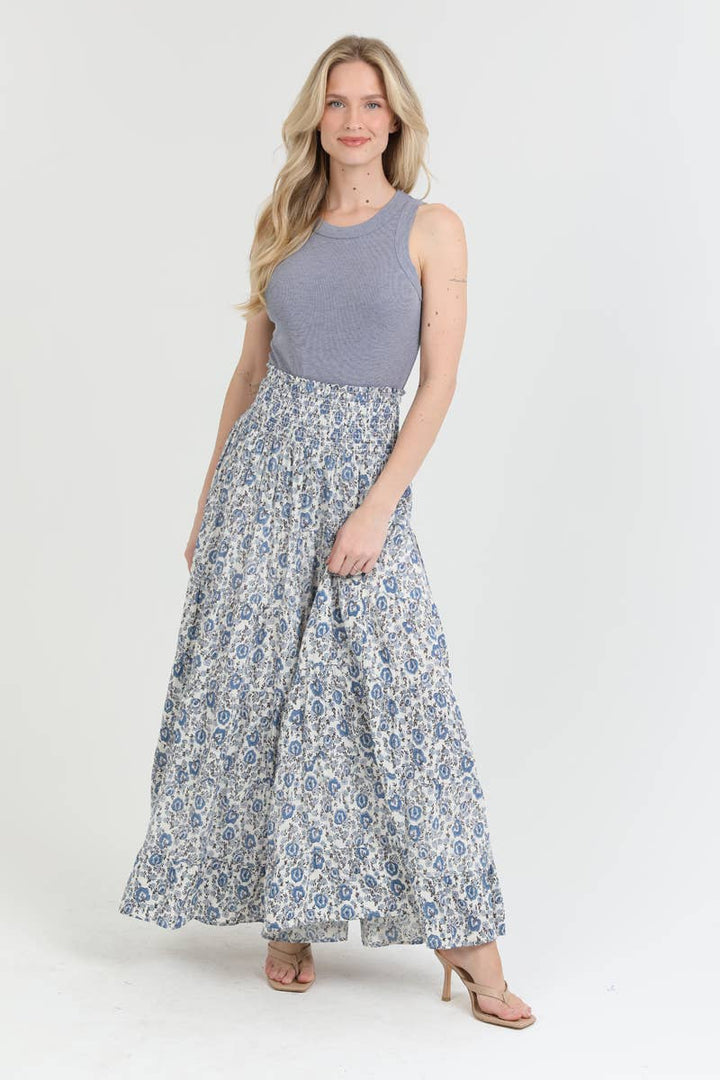 Angie Floral Tiered A-Line Maxi Skirt with Smocked Waist Blue 11
