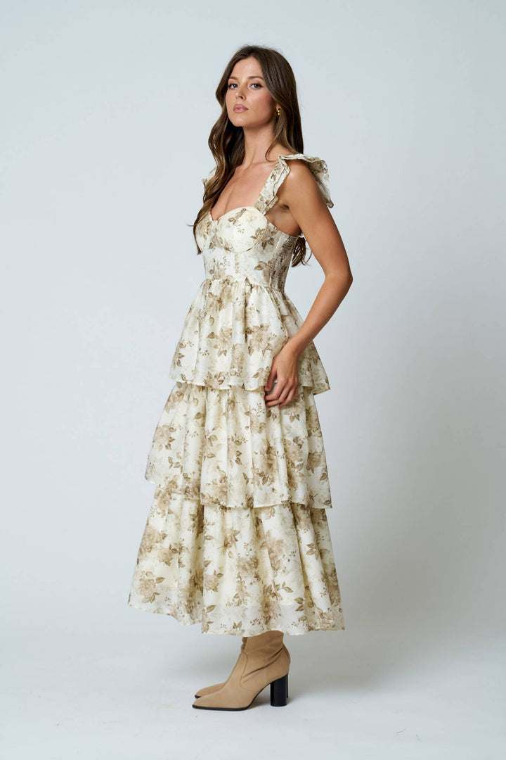 Blu Pepper - Floral Print Ruffle Tiered Spaghetti Midi Dress in Light Khaki 4