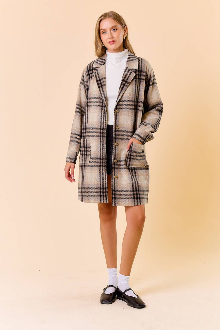 Plaid Front Button Closure Knee Length Coat4