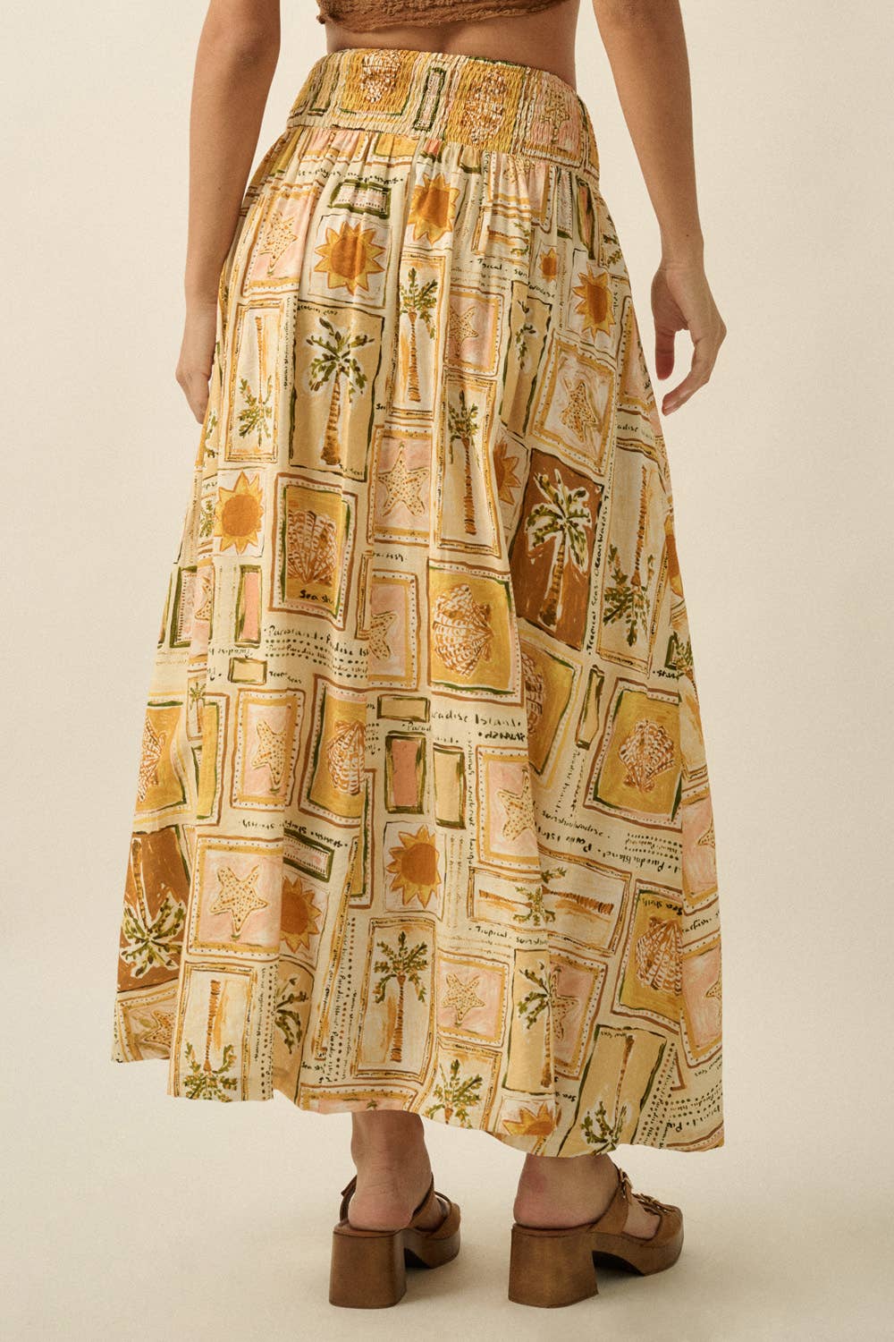 Promesa USA - Tropical-Print Smocked Maxi Skirt in Butter back