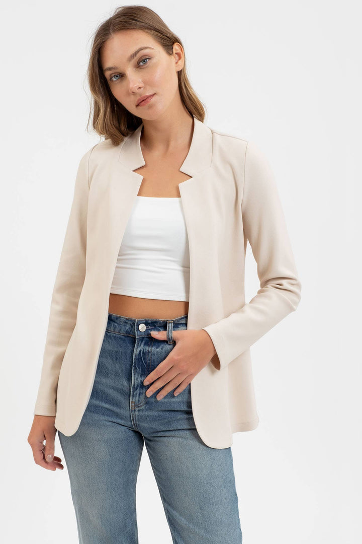 Blu Pepper longline notch collar blazer oatmeal front view
