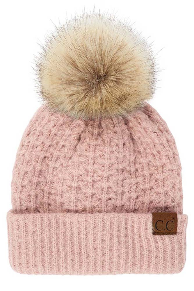 Hana - C.C. Smocking-Stitch Cuffed Pom Beanie in dusty rose