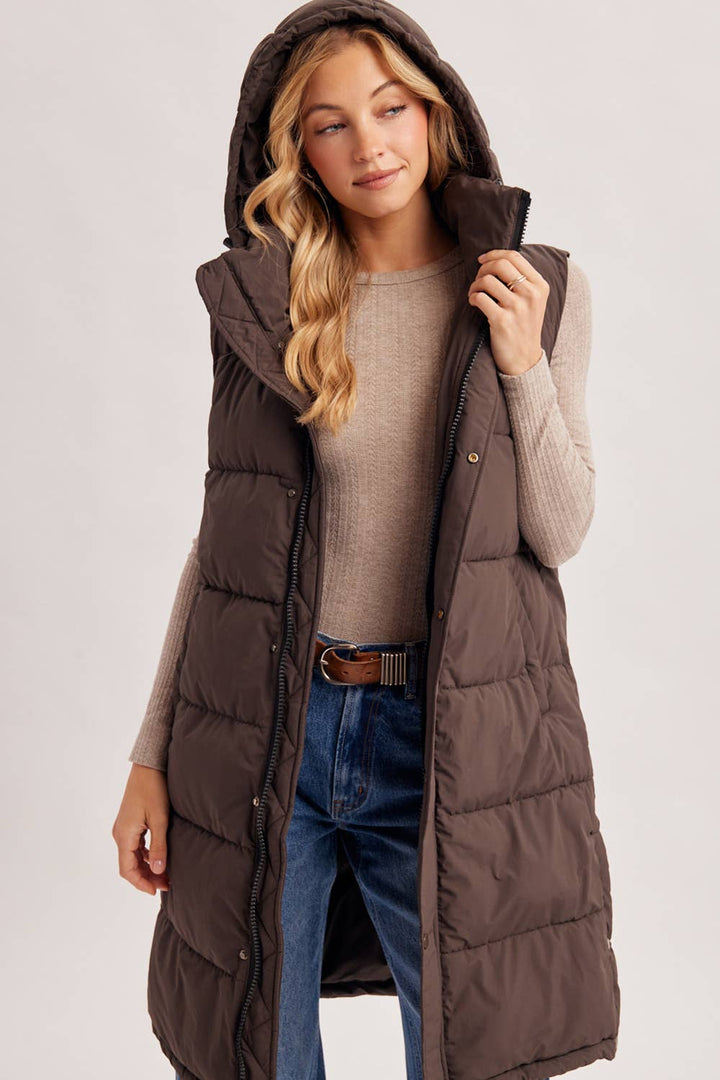 Bluivy Detachable Hood Longline Quilted Puffer Vest in Ash Brown