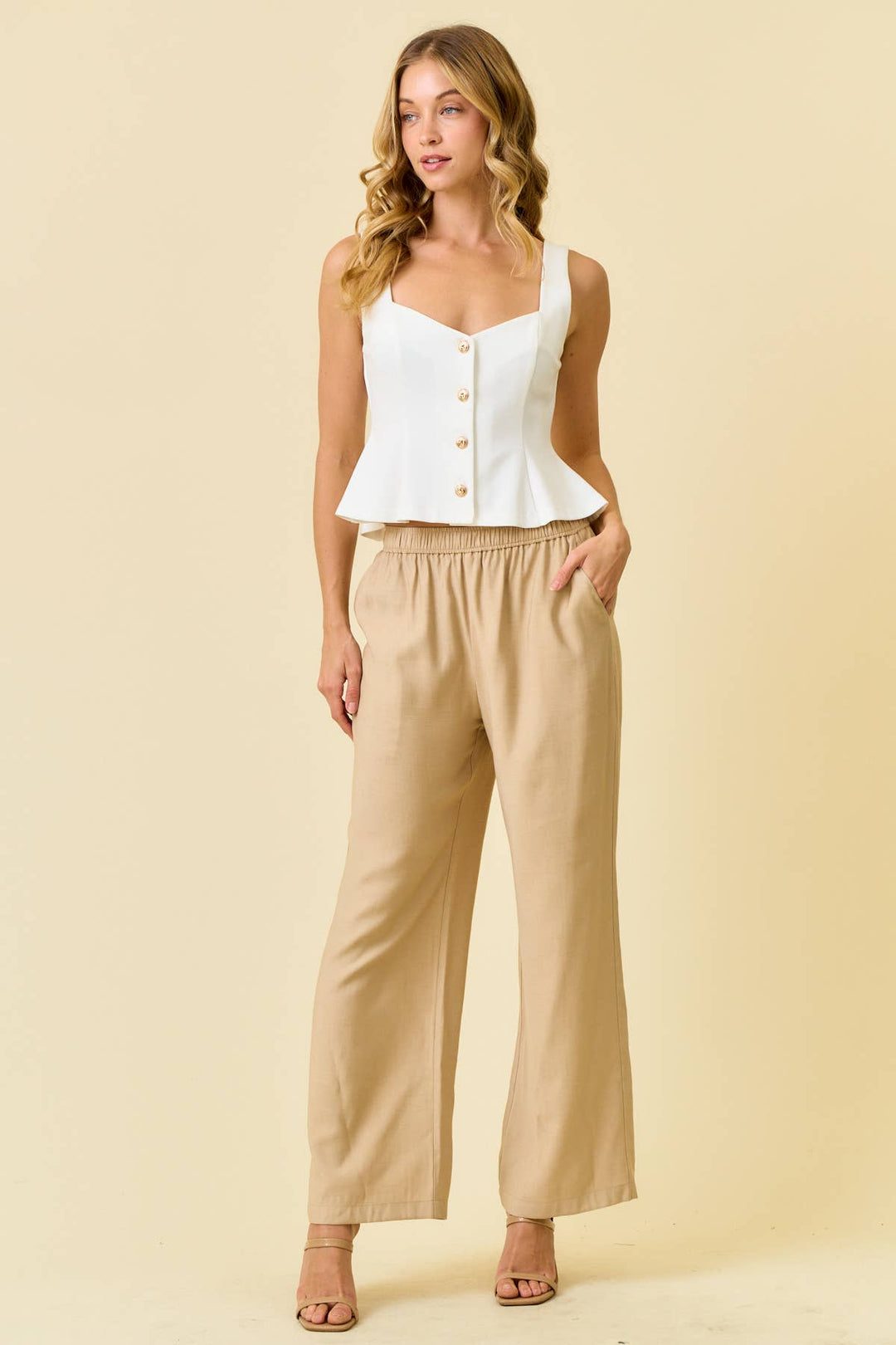 Doe and Rae Nylon Ponte Button Front Peplum Top in off white 4